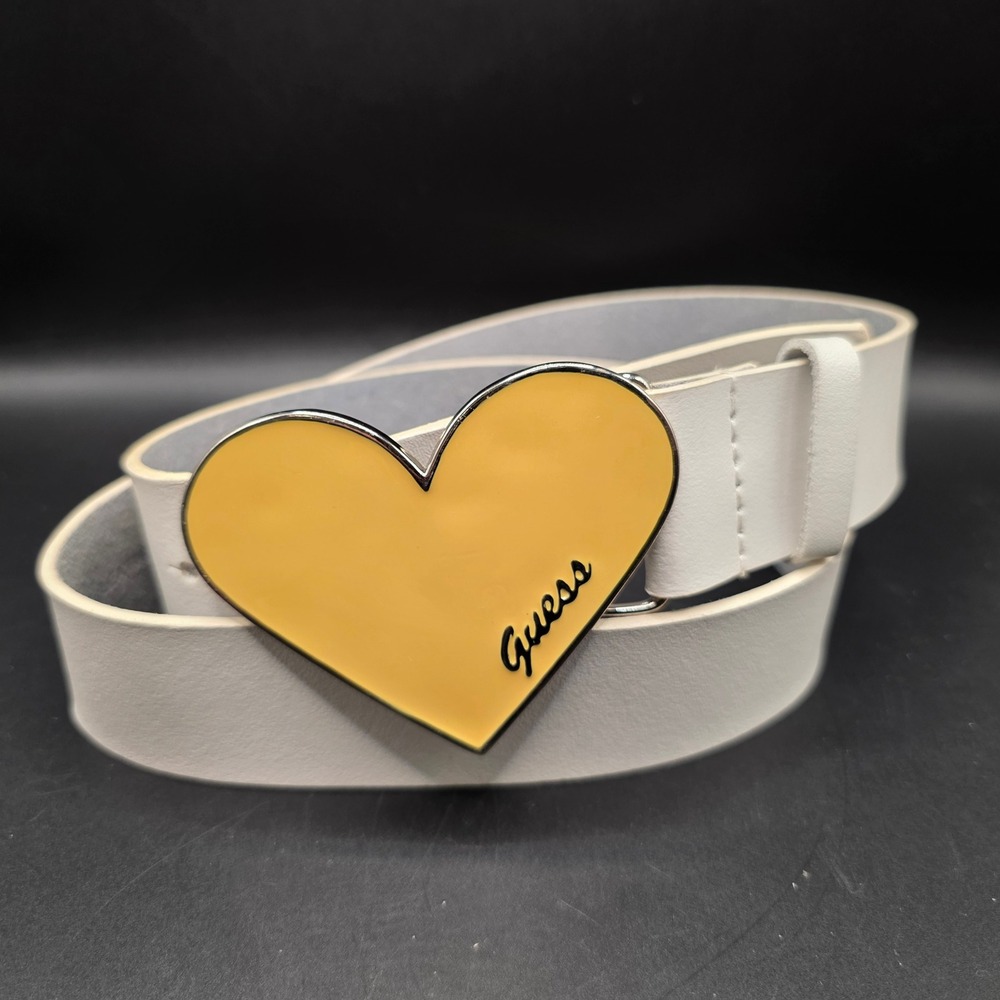 Guess Womens White Leather Belt Yellow Enamel Heart Buckle Size Large 9474 Y2K26